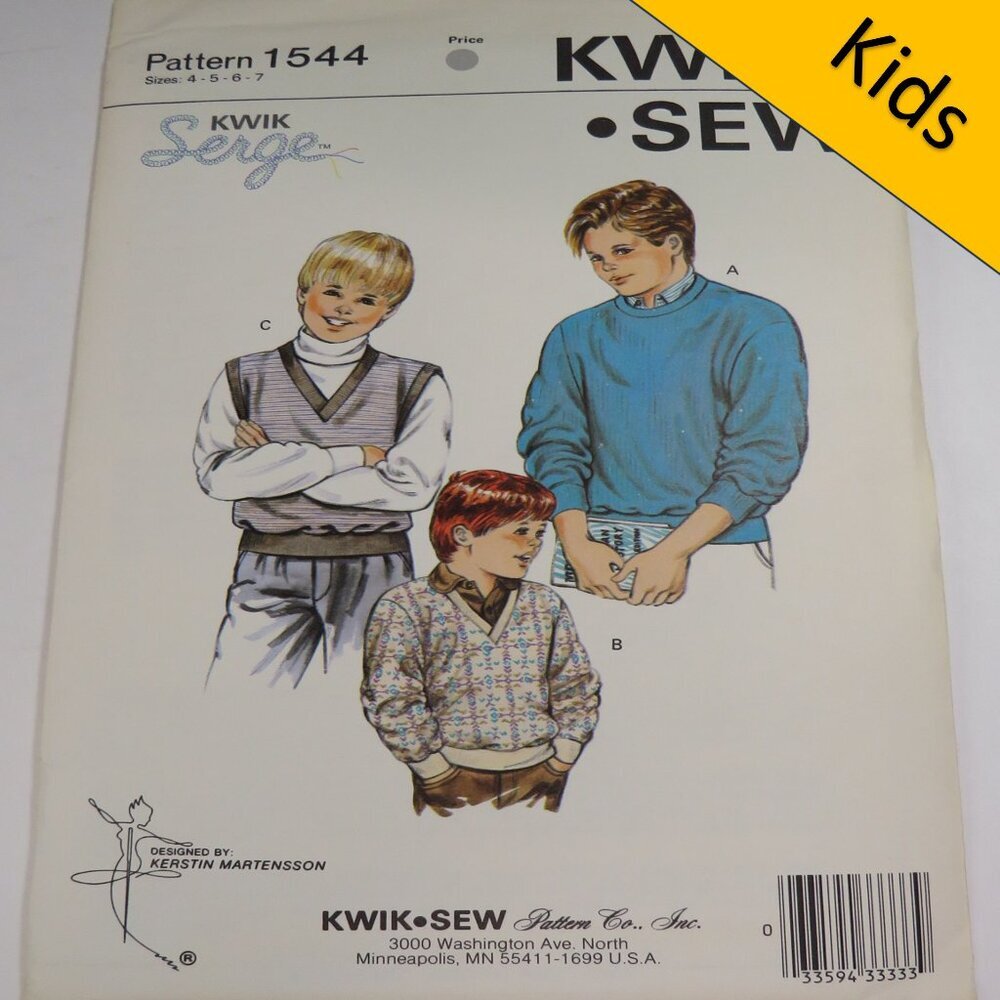 kwik sew 1544 boy / child sweater size 4-7 UNCUT